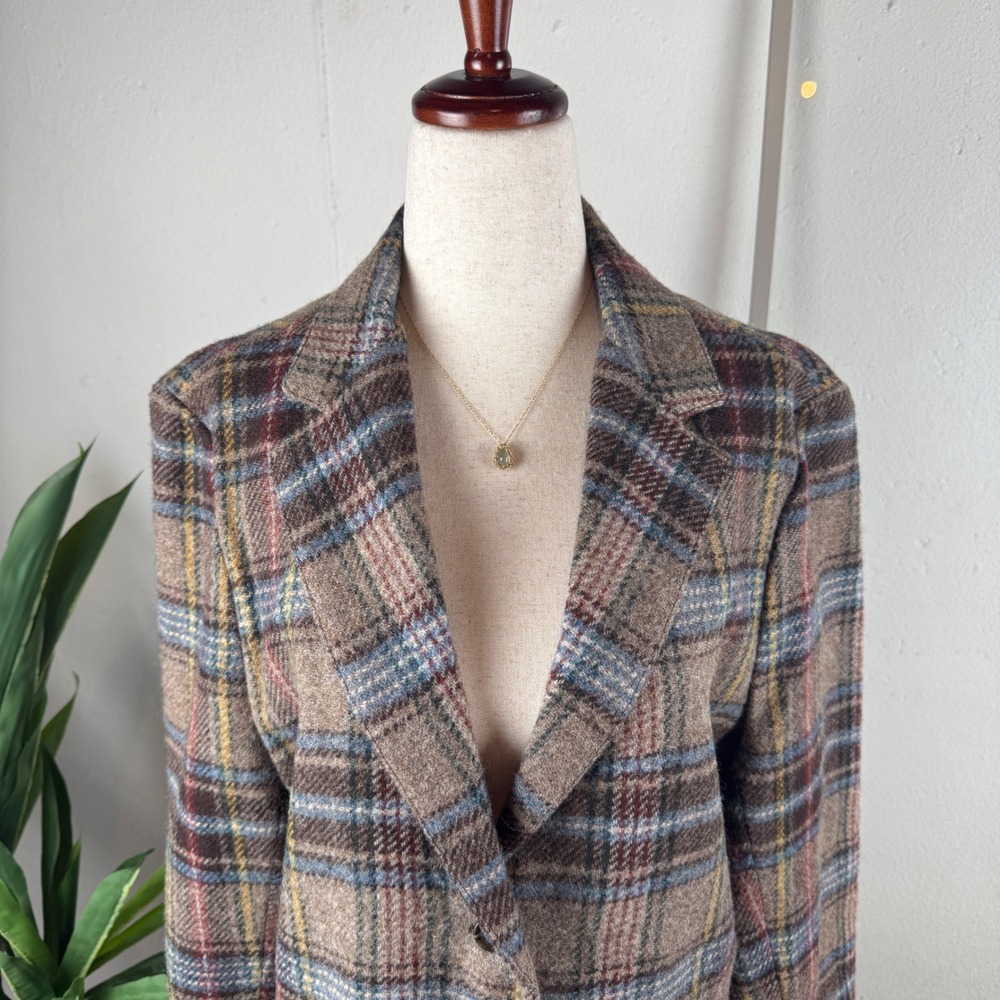 Dark Academia Preppy Heritage Vintage Wool Blend Plaid Blazer Women Size 16 - Picture 2 of 9